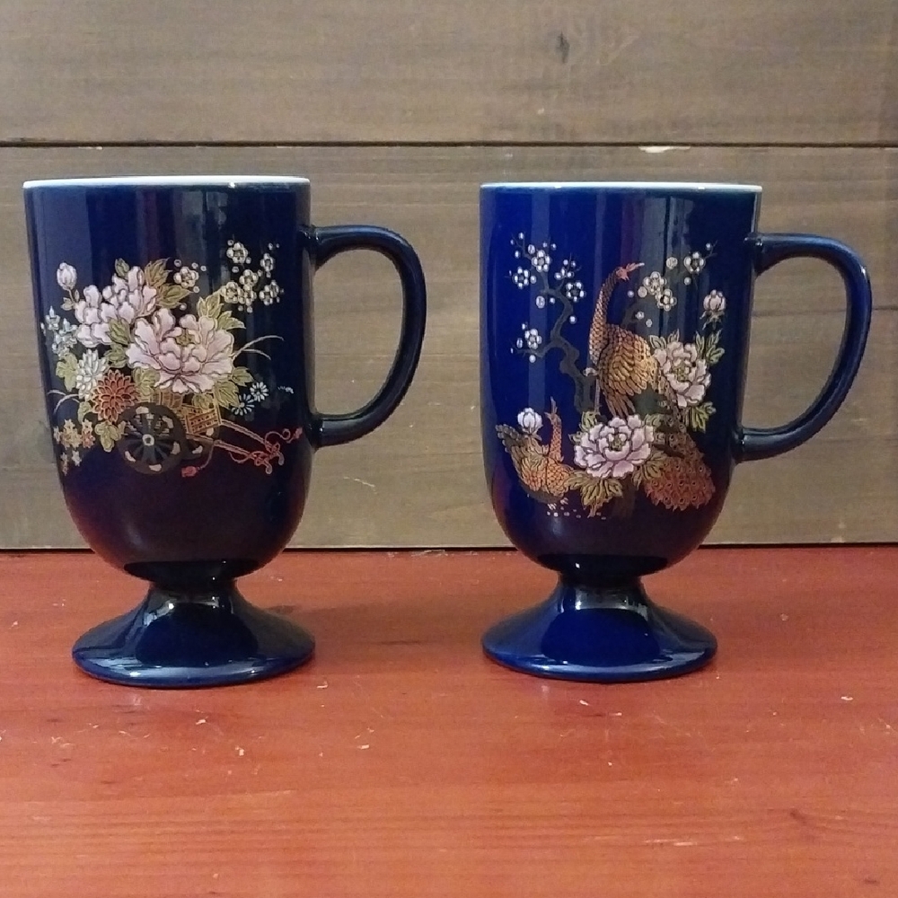 Vintage -Japese Style Blue Floral Pedestal Coffee Mugs Or Tea Set of 2